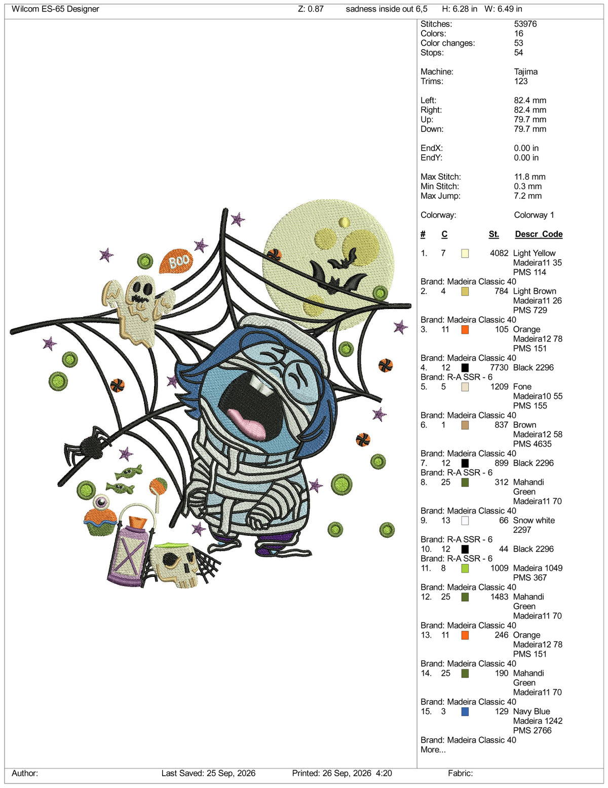 Sadness Inside Out Spooky Embroidery Design Files - 3 Size's