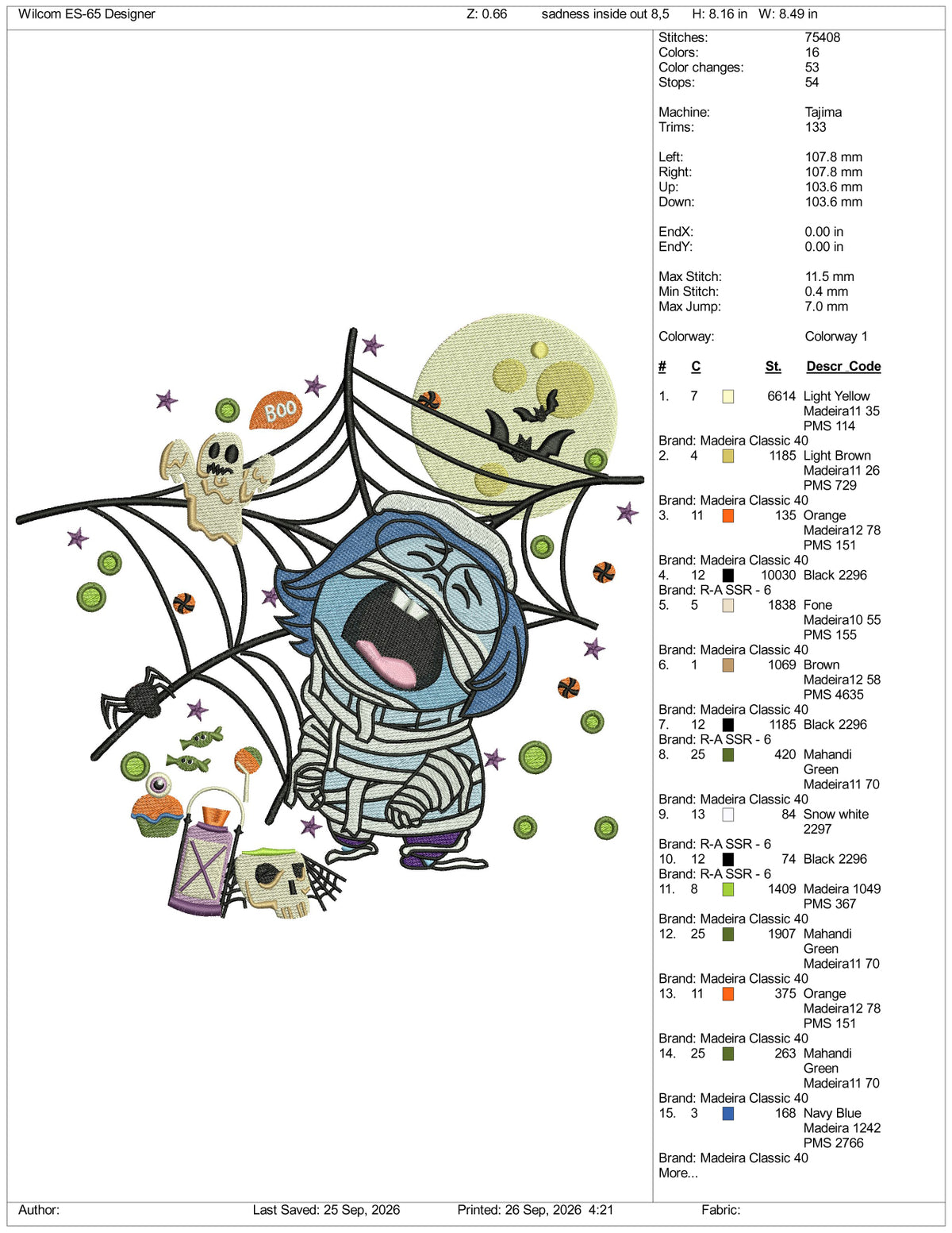 Sadness Inside Out Spooky Embroidery Design Files - 3 Size's