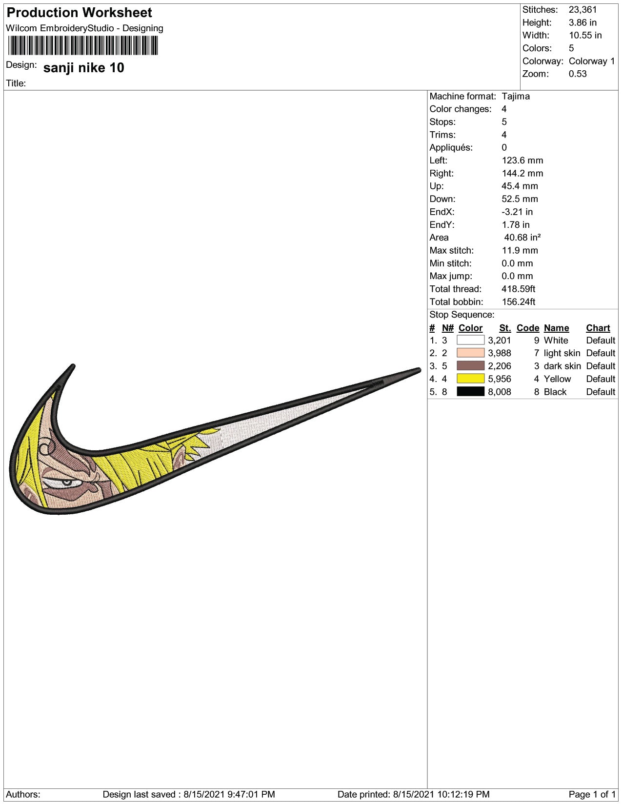 Sanji Swoosh v3 Embroidery Design Files - 4 Size's
