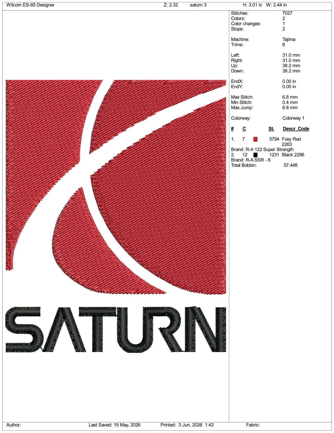 Saturn Logo Embroidery Design Files - 3 Size's