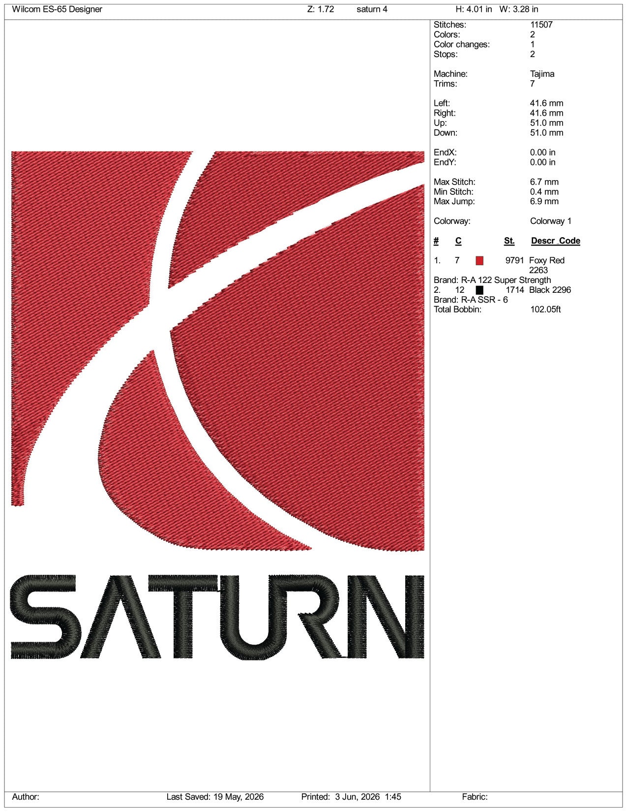 Saturn Logo Embroidery Design Files - 3 Size's