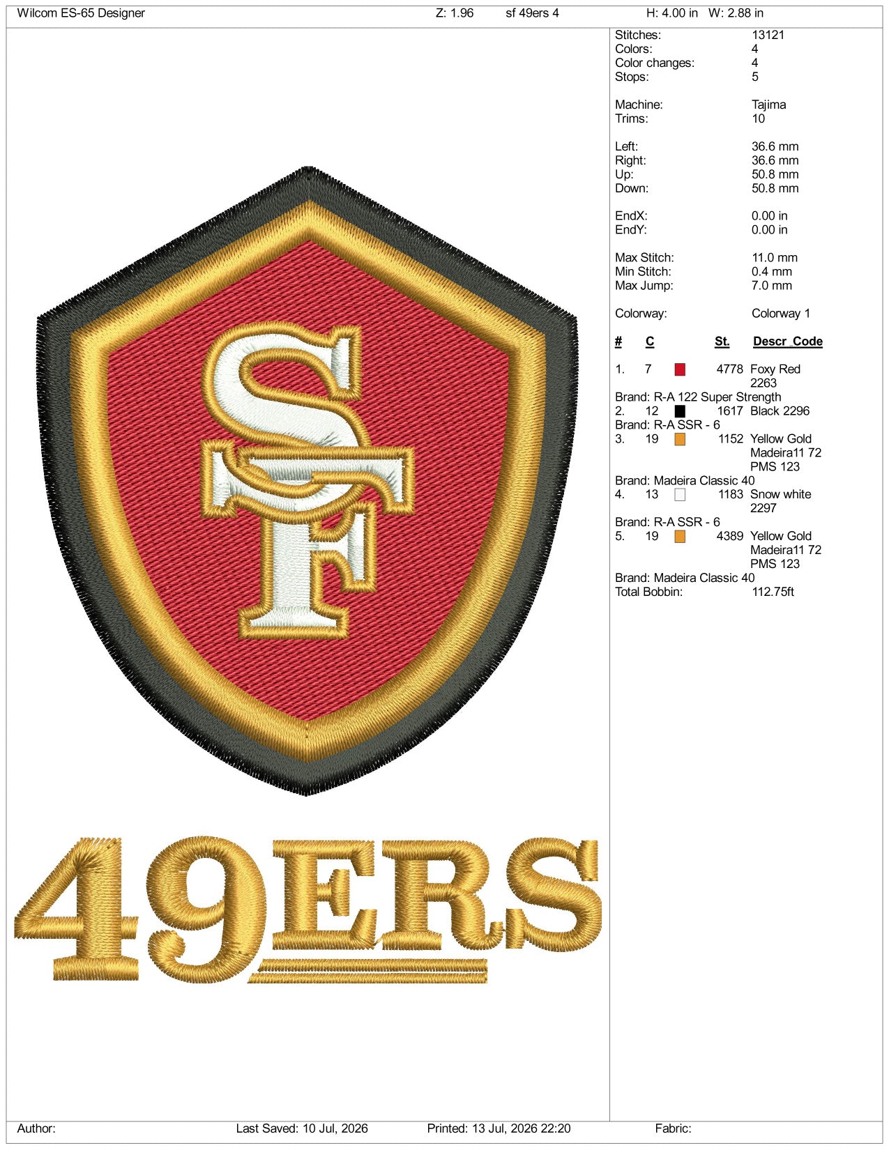 SF 49ers Football Logo Embroidery Design Files - 3 Size's