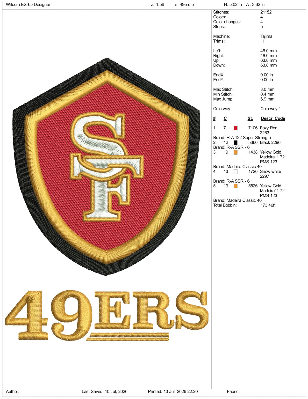 SF 49ers Football Logo Embroidery Design Files - 3 Size's