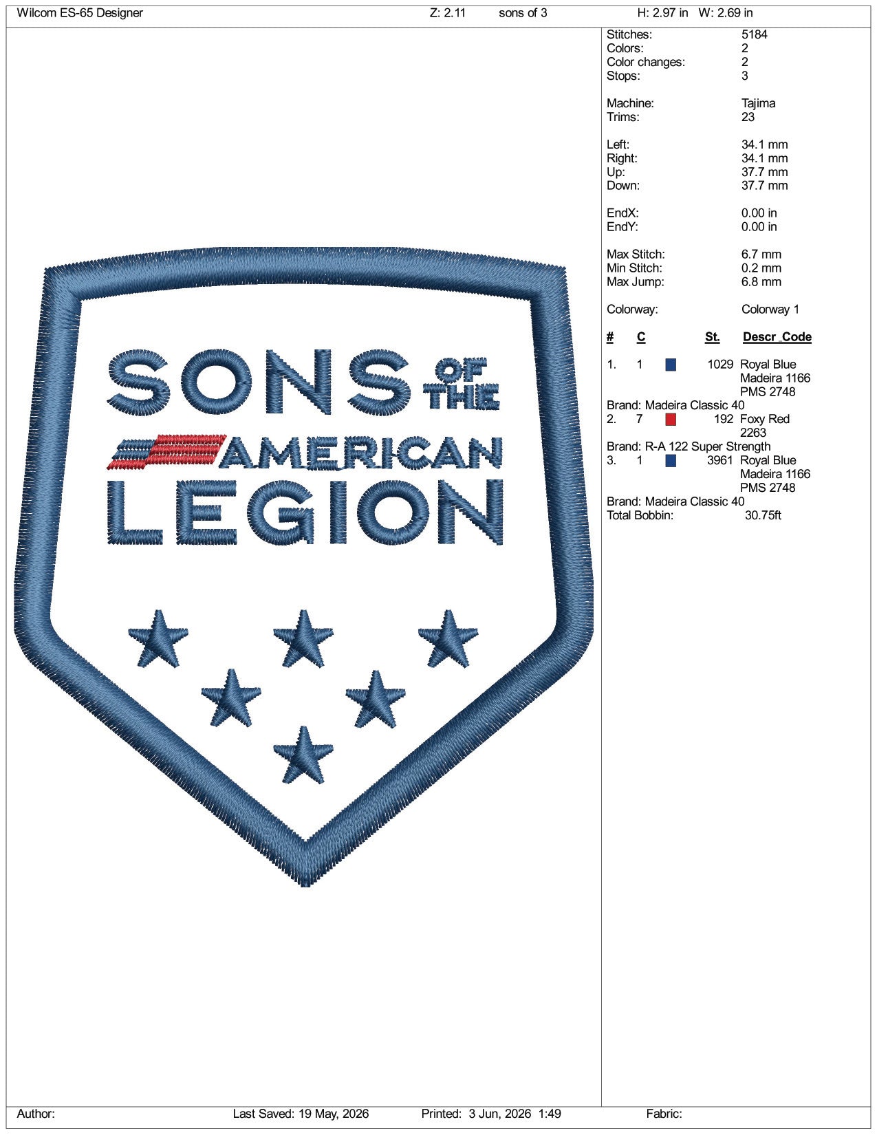Sons of The American Legion Logo Embroidery Design Files - 3 Size's