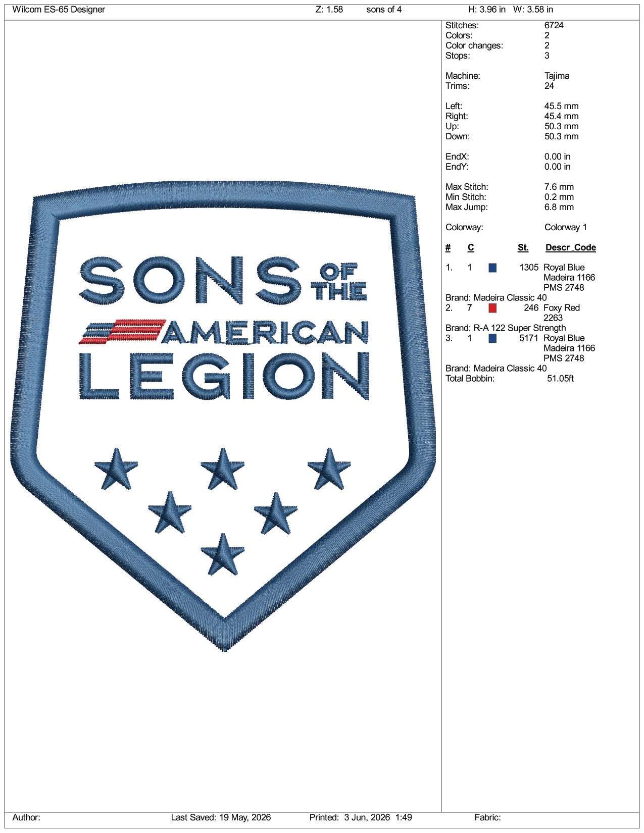 Sons of The American Legion Logo Embroidery Design Files - 3 Size's