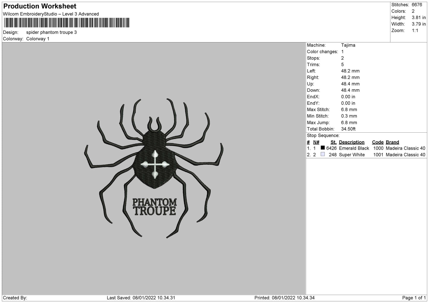 Spider Phantom Troupe Embroidery Design Files - 4 Size's
