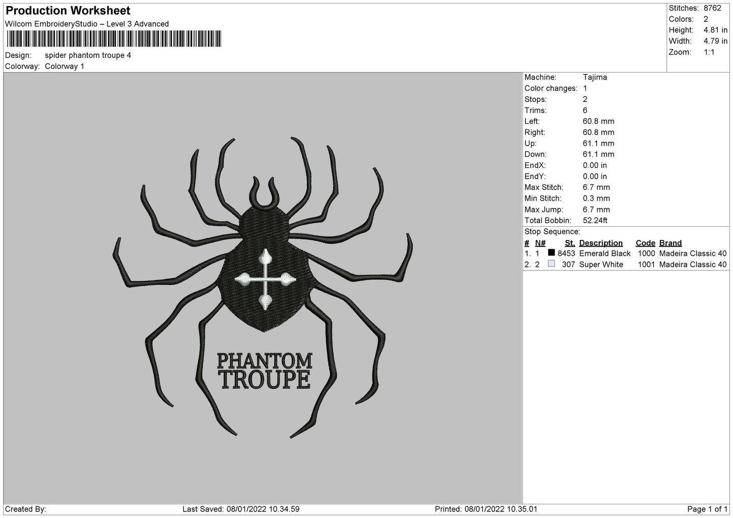 Spider Phantom Troupe Embroidery Design Files - 4 Size's