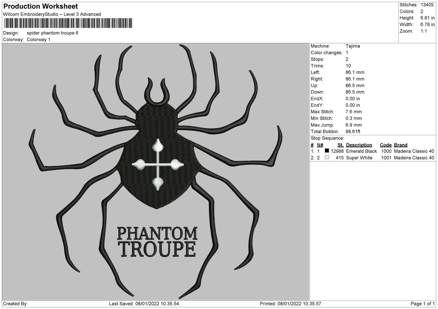 Spider Phantom Troupe Embroidery Design Files - 4 Size's