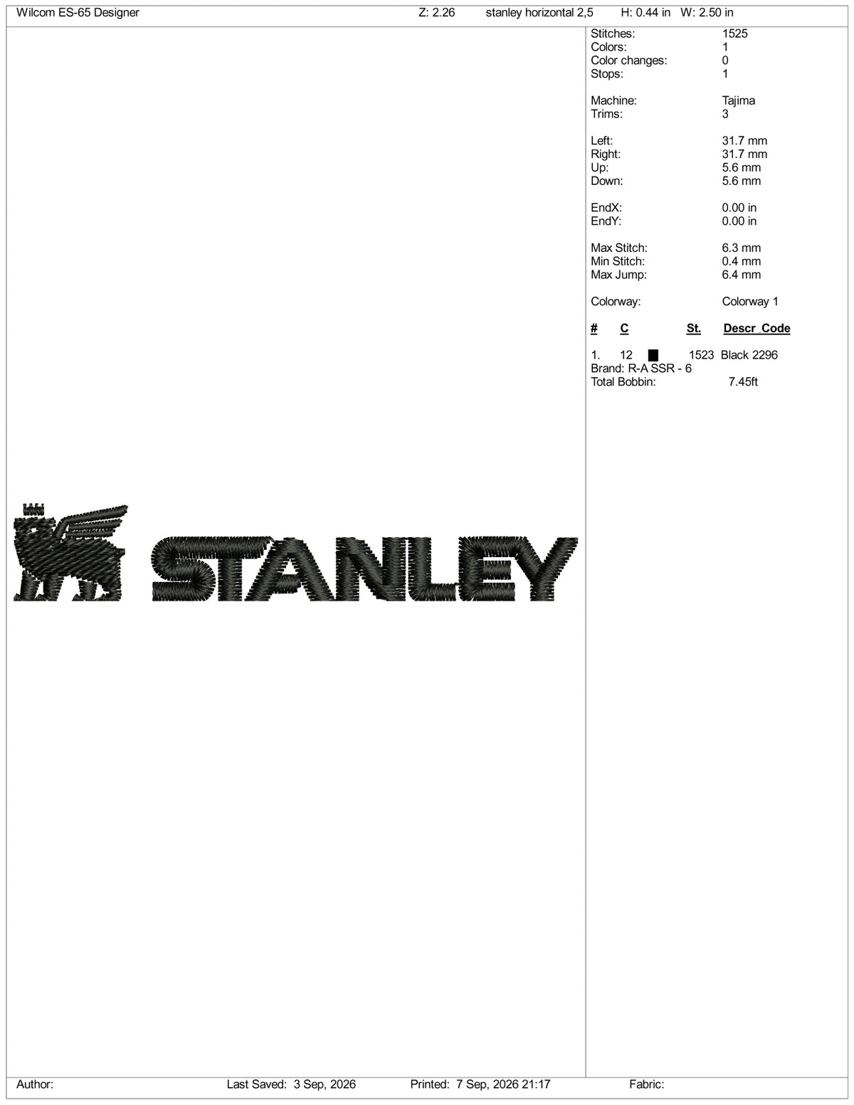 stanley horizontal Logo Embroidery Design Files - 3 Size's