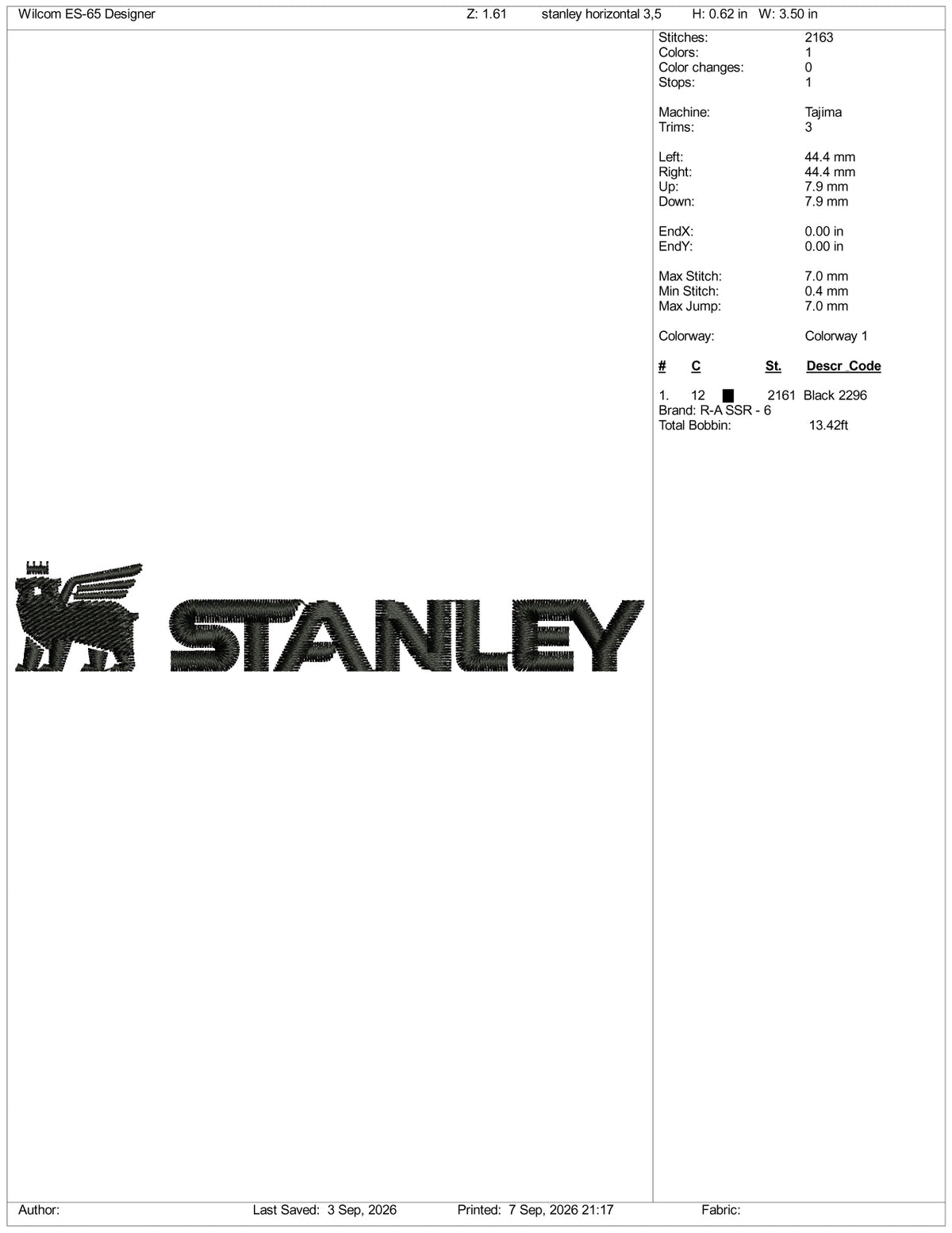 stanley horizontal Logo Embroidery Design Files - 3 Size's