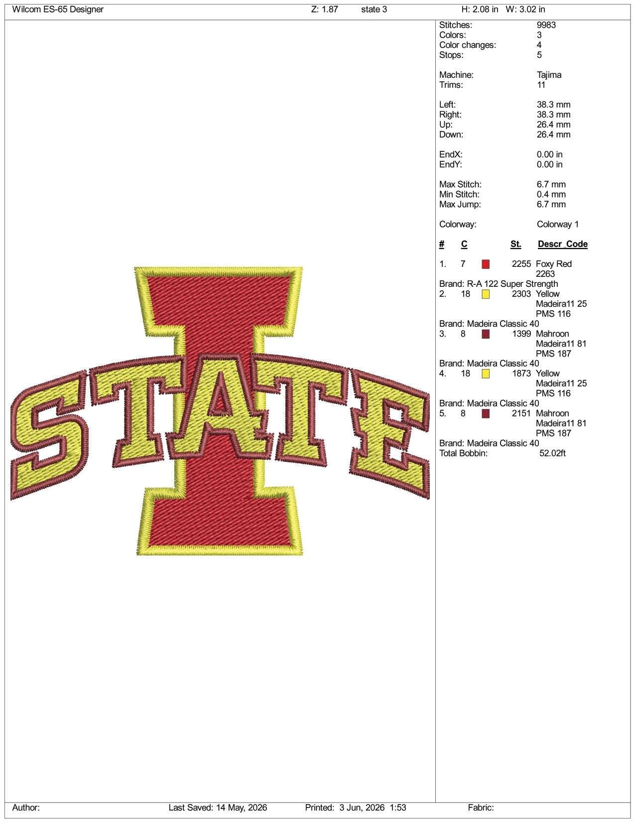 Iowa State Logo Embroidery Design Files - 3 Size's