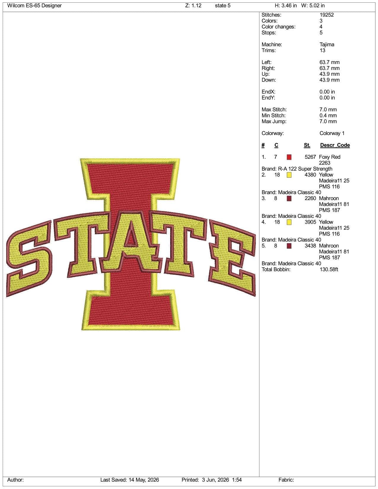 Iowa State Logo Embroidery Design Files - 3 Size's