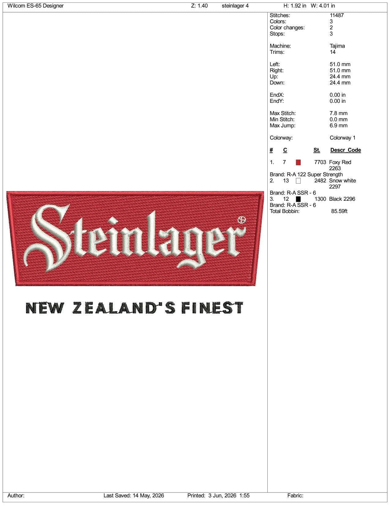 Steinlager Logo Embroidery Design Files - 3 Size's