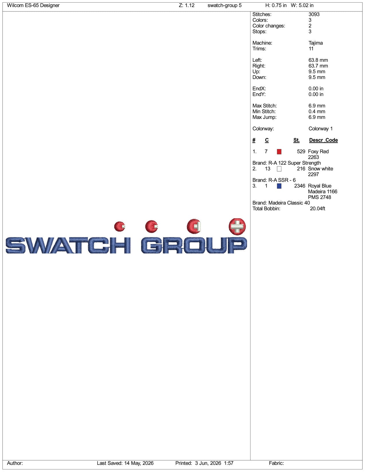 Swatch Group Logo Embroidery Design Files - 3 Size's