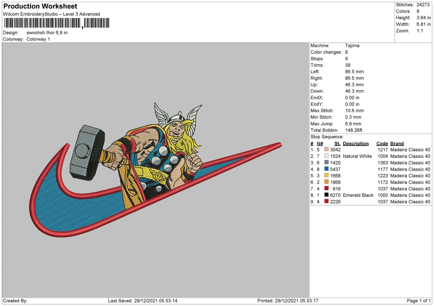 Thor Swoosh Embroidery Design Files - 5 Sizes
