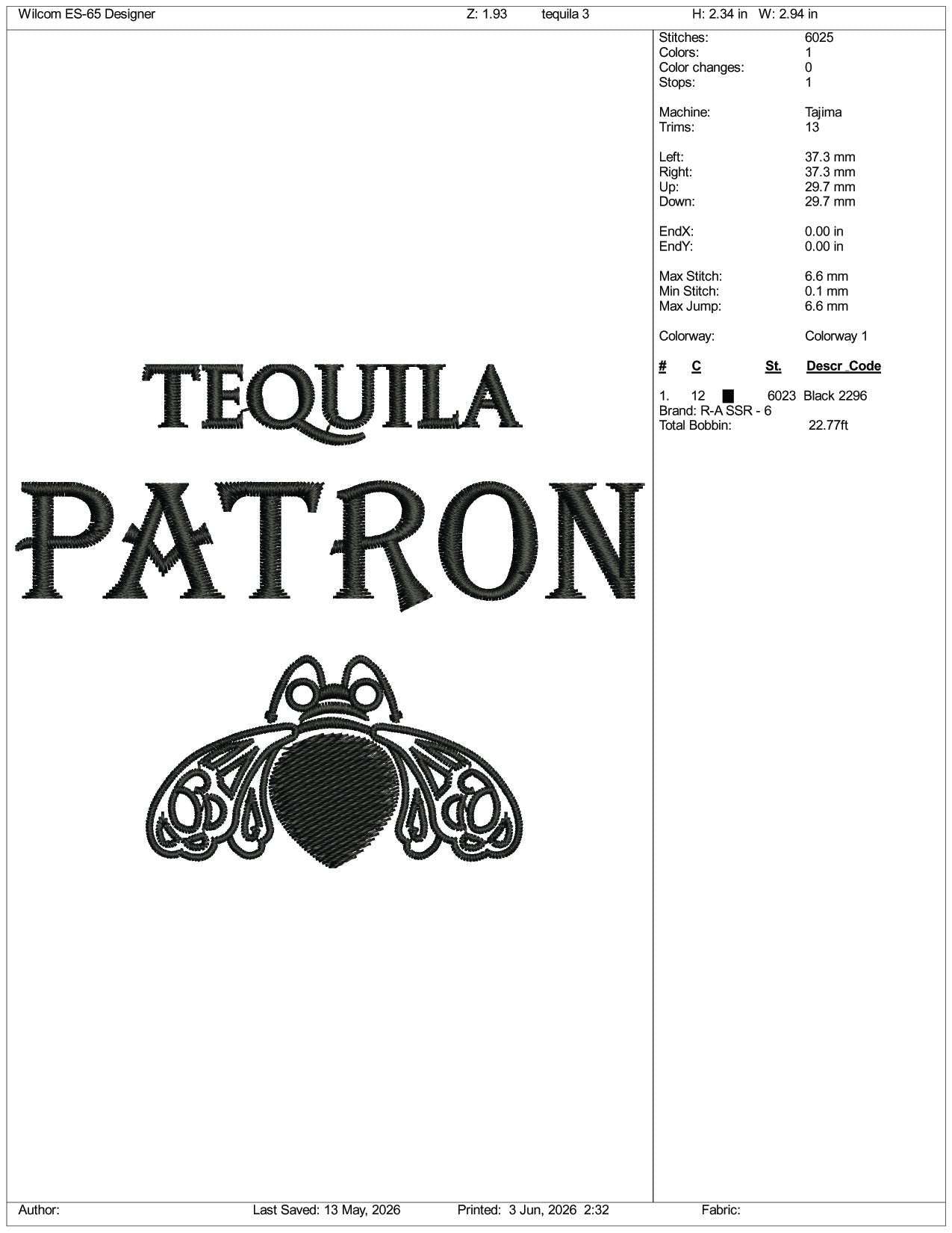 Tequila Patron Logo Embroidery Design Files - 3 Size's