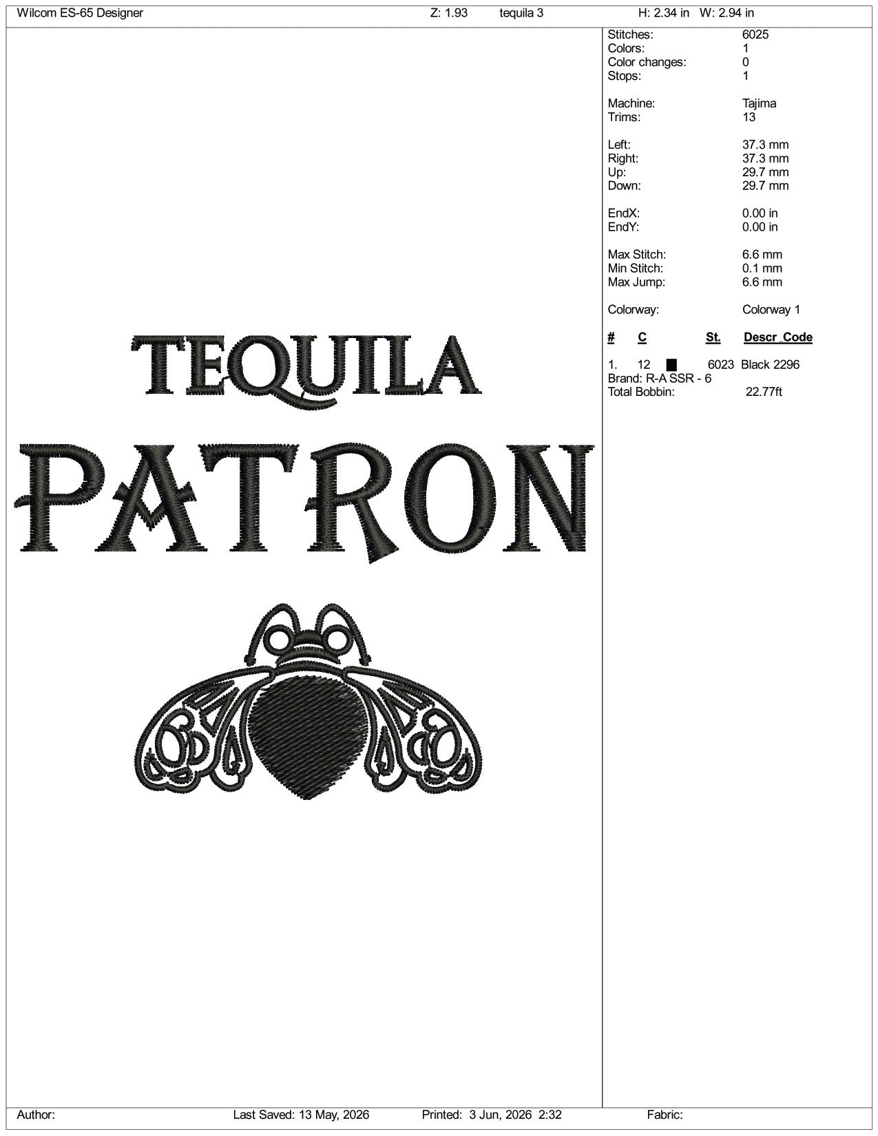Tequila Patron Logo Embroidery Design Files - 3 Size's