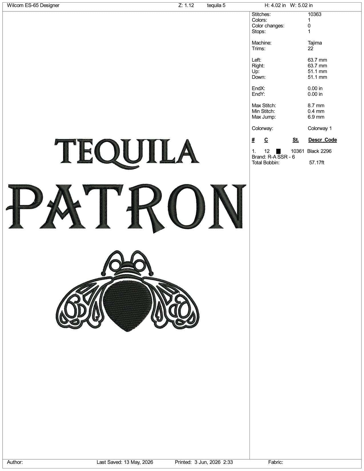 Tequila Patron Logo Embroidery Design Files - 3 Size's