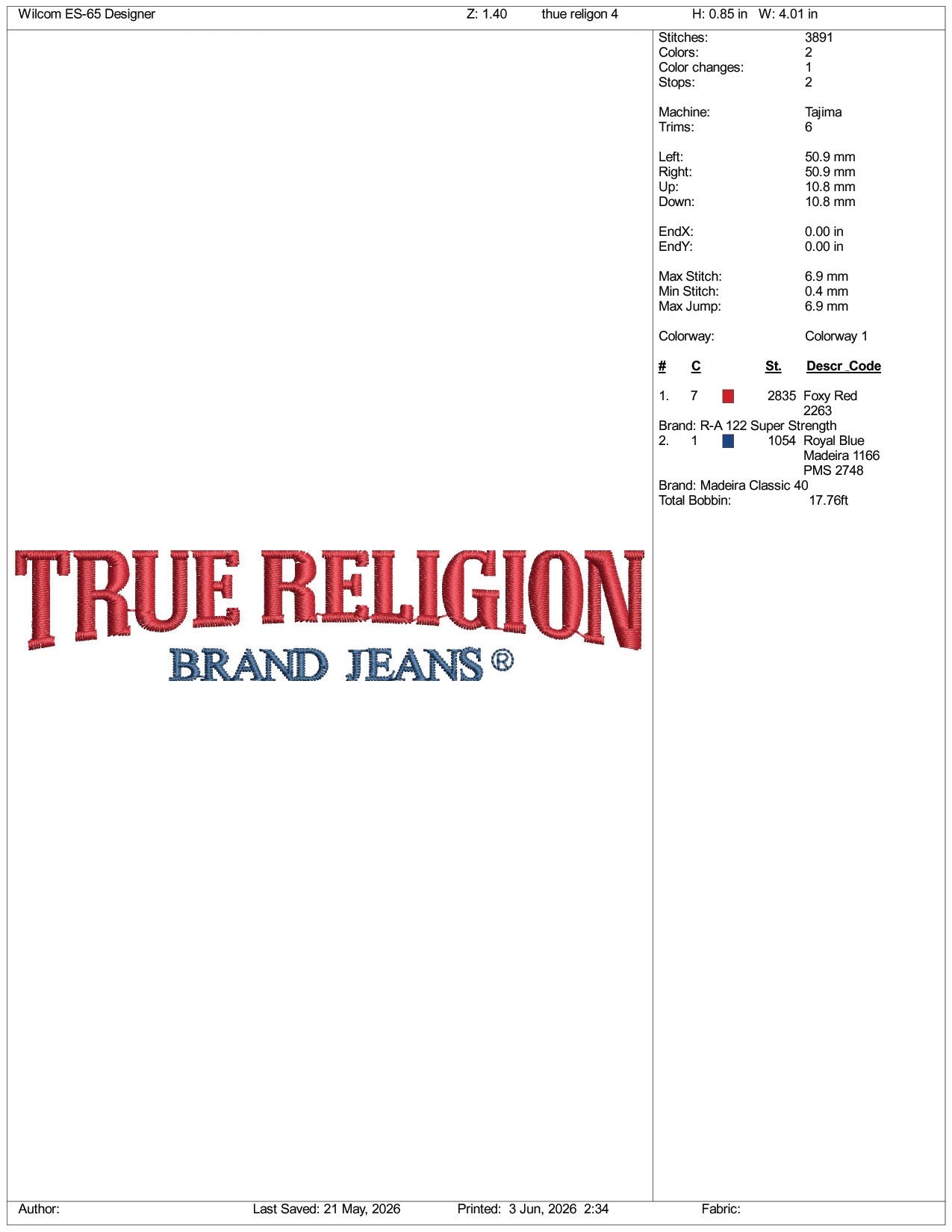 True Religion Brand Jeans Logo Embroidery Design Files - 3 Size's