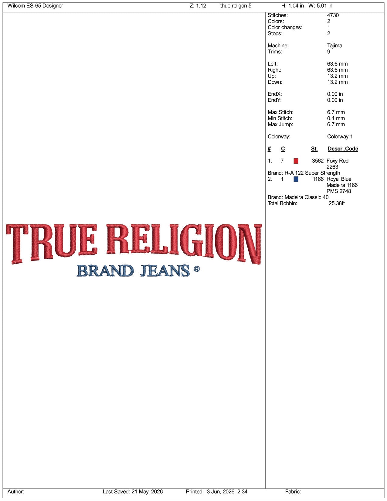True Religion Brand Jeans Logo Embroidery Design Files - 3 Size's
