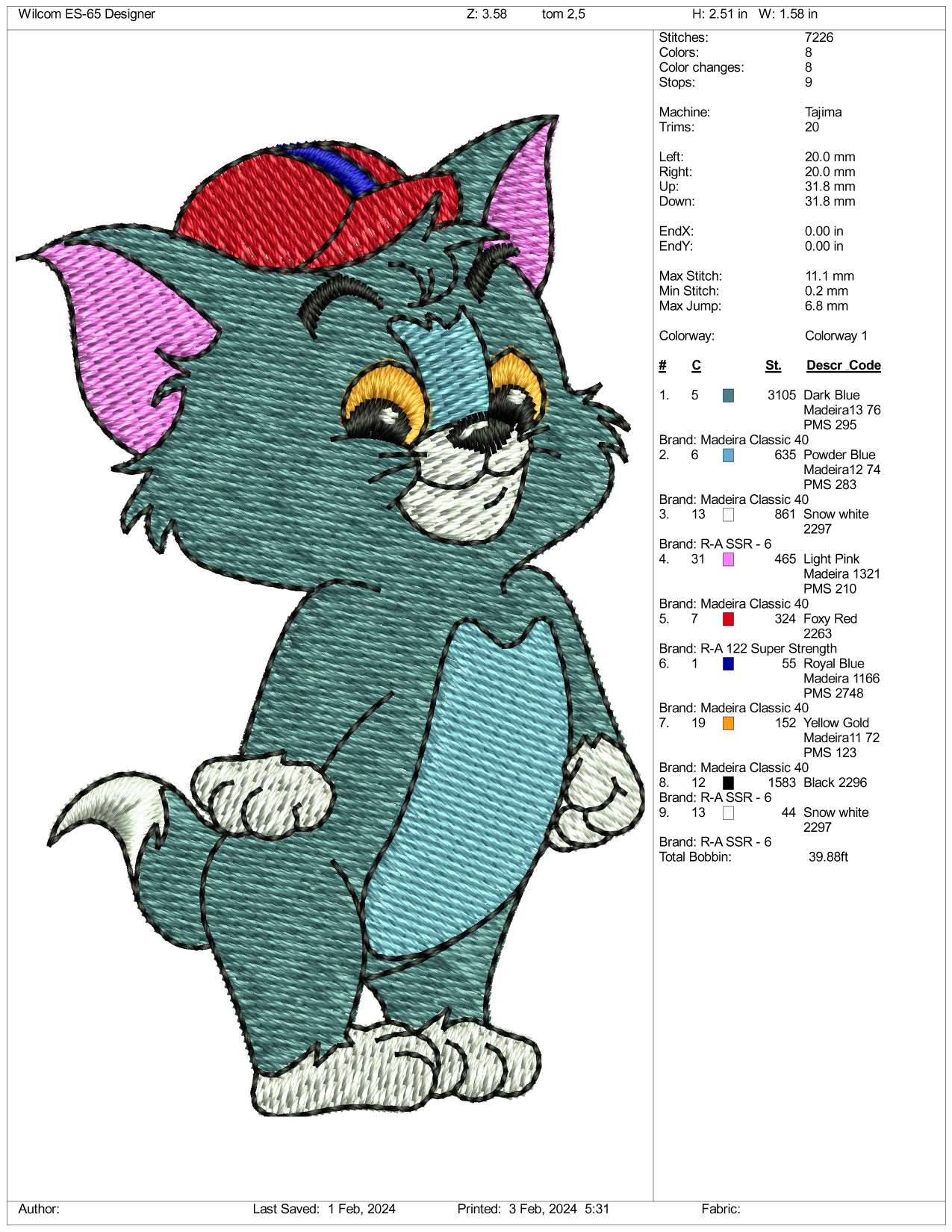 Chibi Tom Embroidery Design Files - 3 Size's