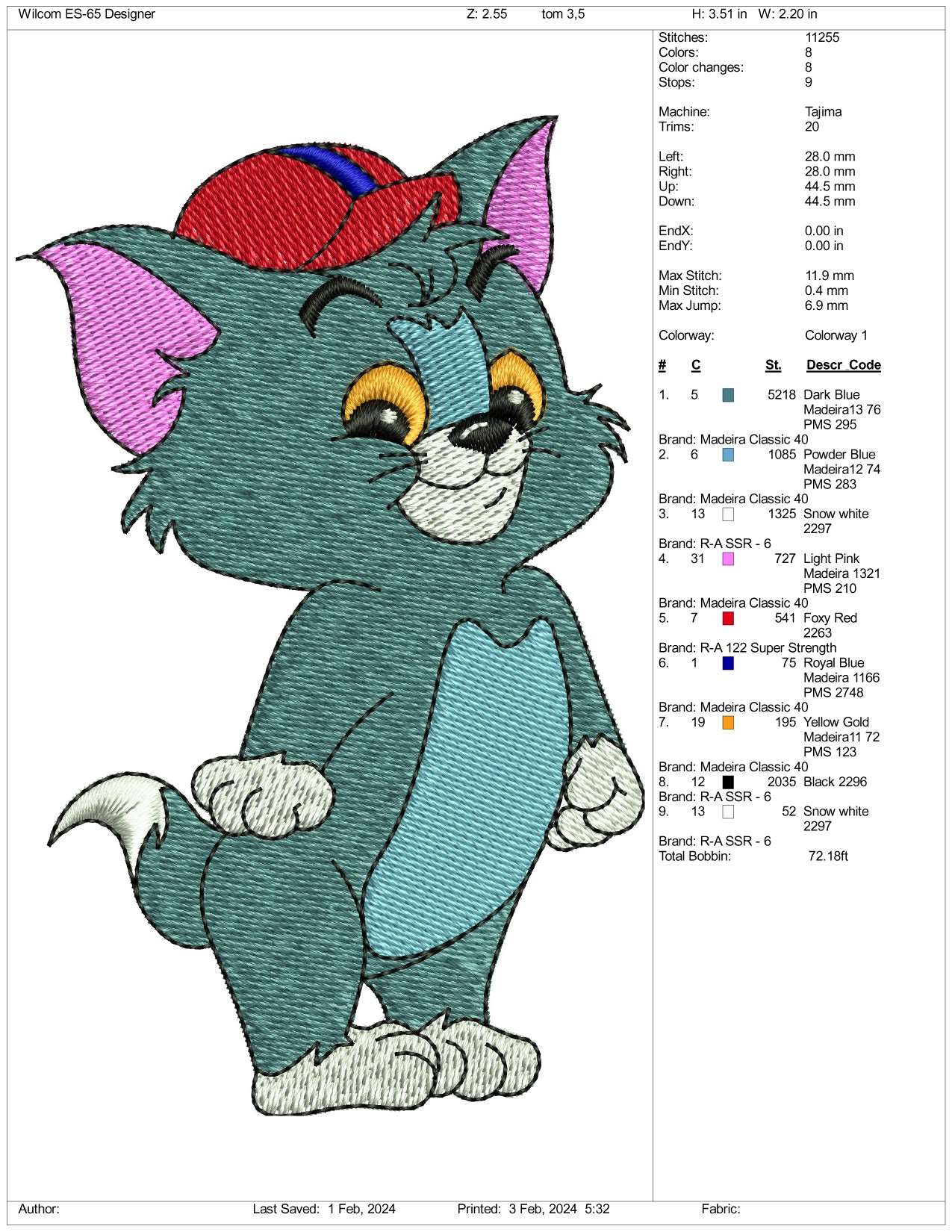 Chibi Tom Embroidery Design Files - 3 Size's