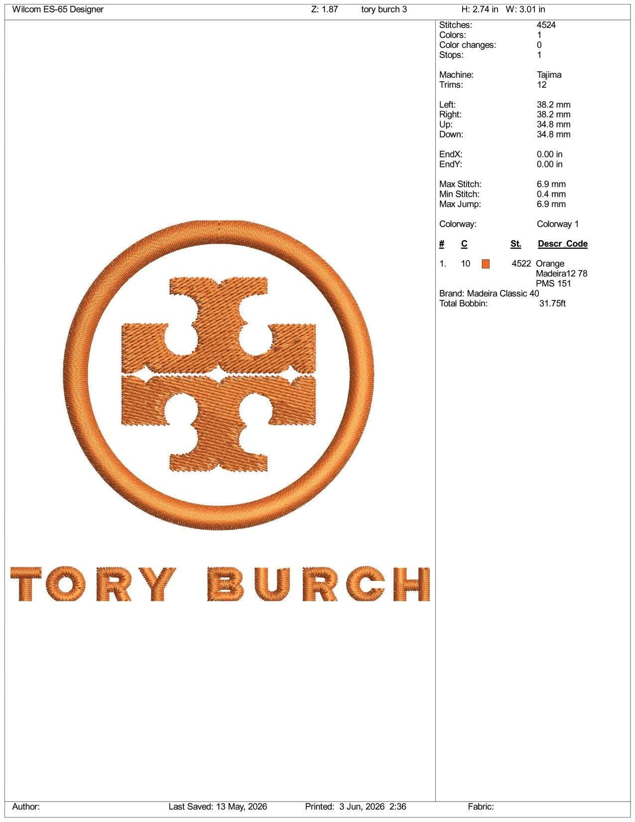 Tory Burch Logo Embroidery Design Files - 3 Size's