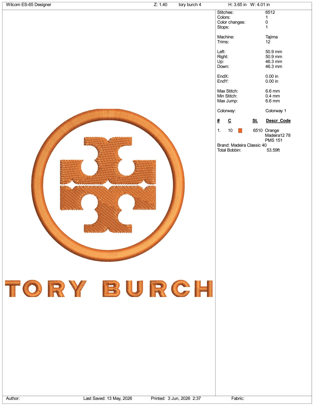 Tory Burch Logo Embroidery Design Files - 3 Size's
