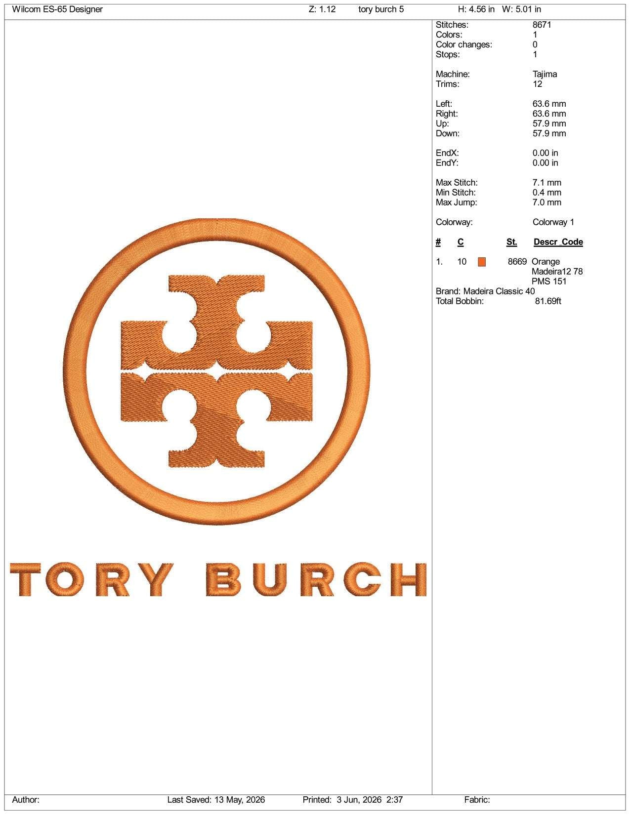 Tory Burch Logo Embroidery Design Files - 3 Size's