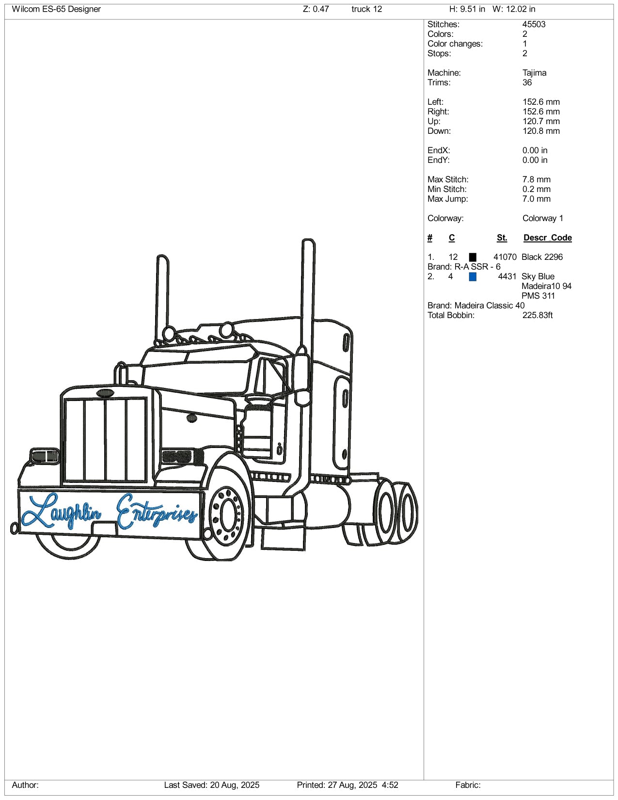 Truck Outline Embroidery Design Files - 3 Size's