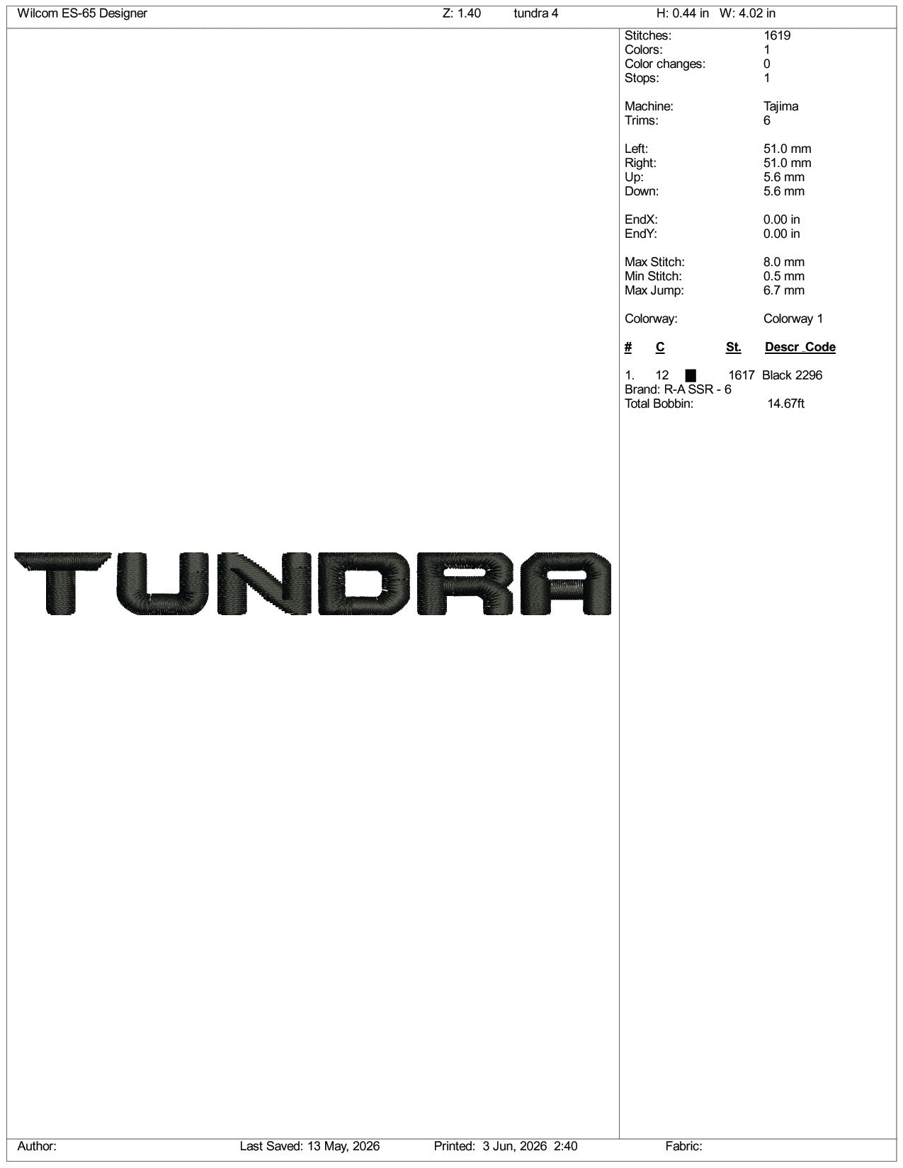 Tundra Logo Embroidery Design Files - 3 Size's