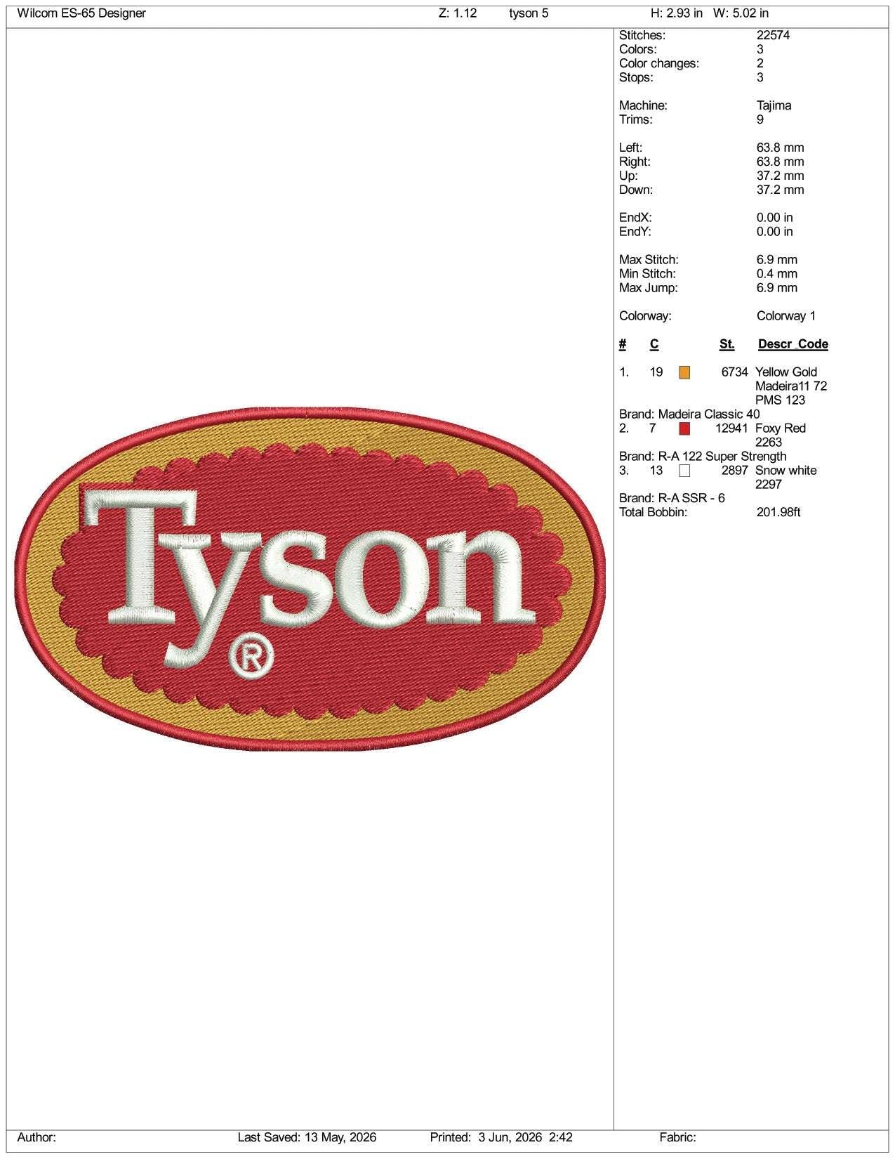 Tyson Logo Embroidery Design Files - 3 Size's