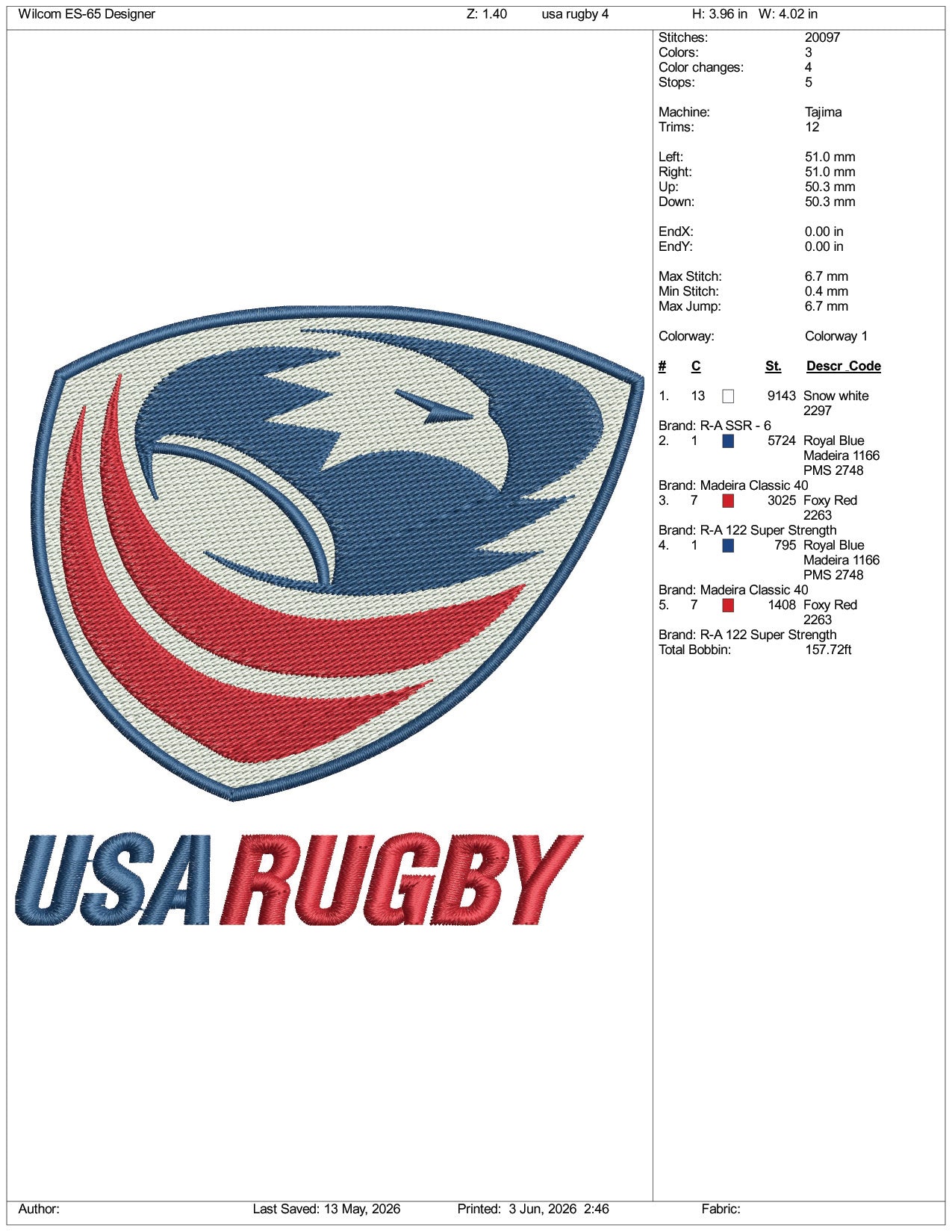 USA Rugby Logo Embroidery Design Files - 3 Size's
