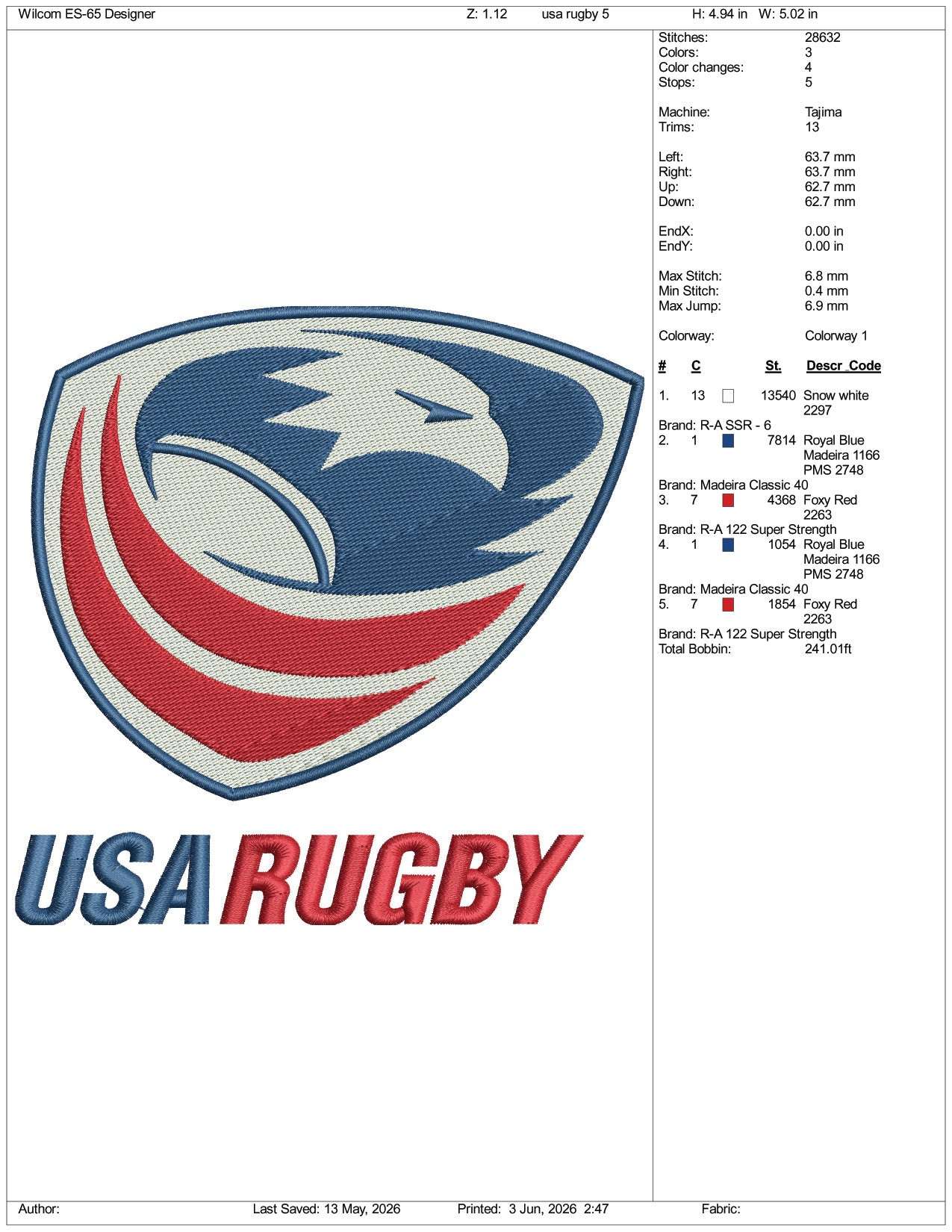 USA Rugby Logo Embroidery Design Files - 3 Size's