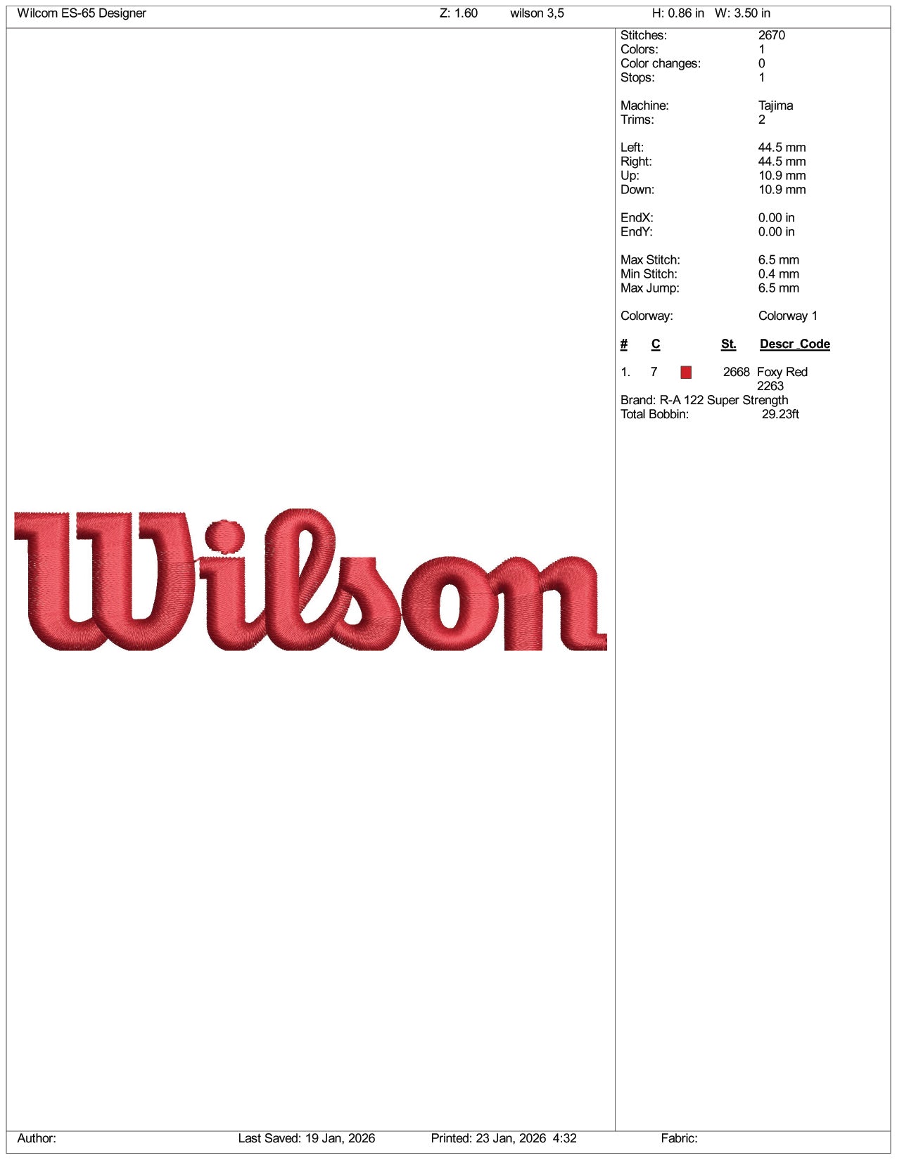Wilson Embroidery Design Files - 4 Size's