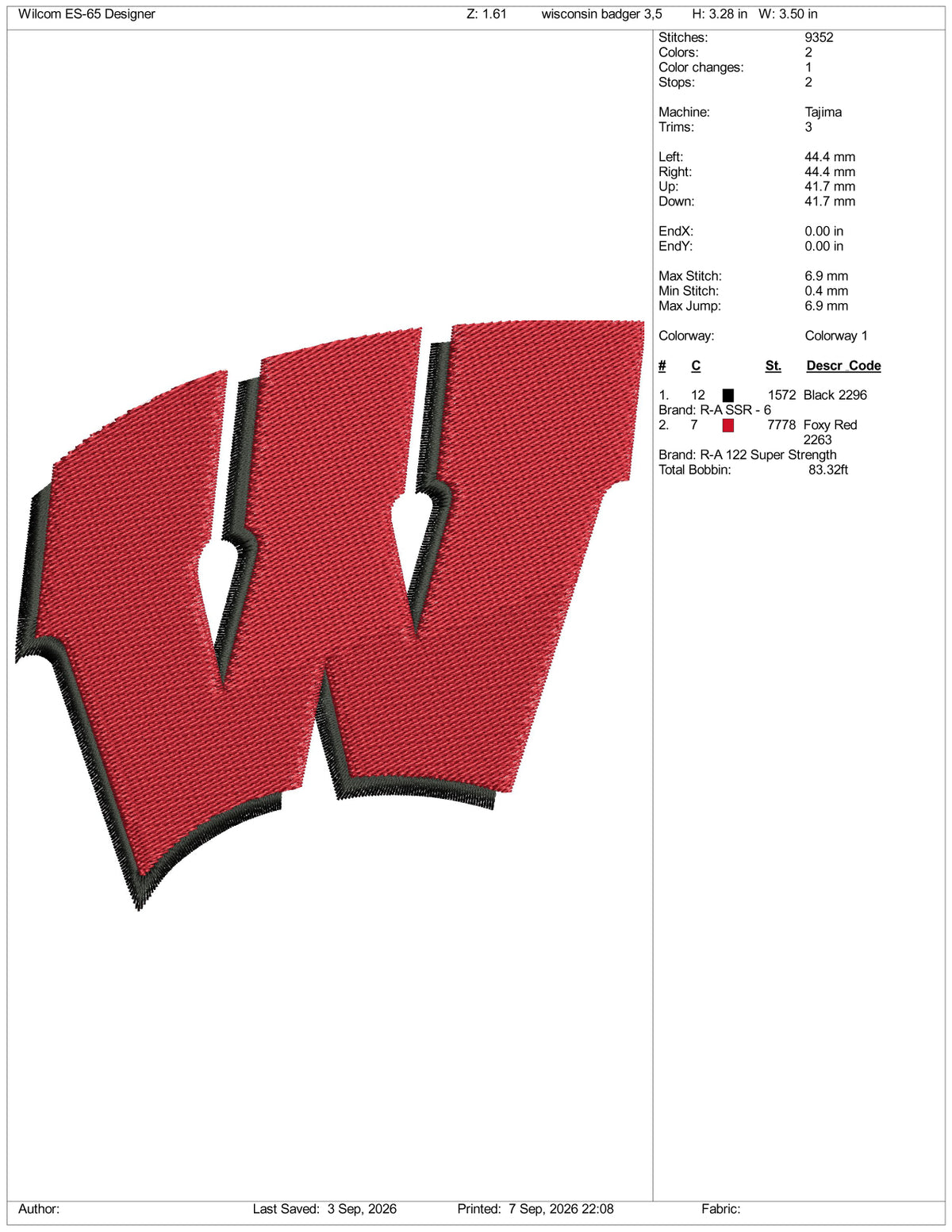 Wisconsin Badger Logo Embroidery Design Files - 3 Size's