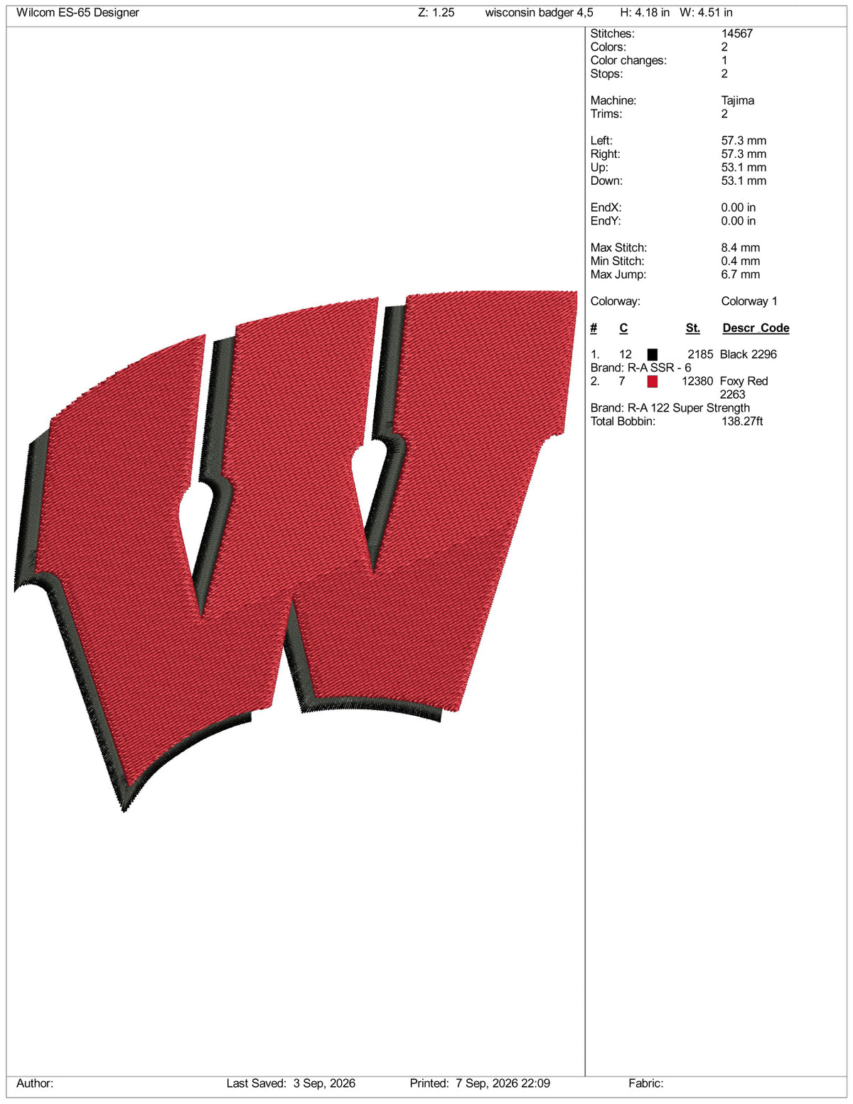 Wisconsin Badger Logo Embroidery Design Files - 3 Size's